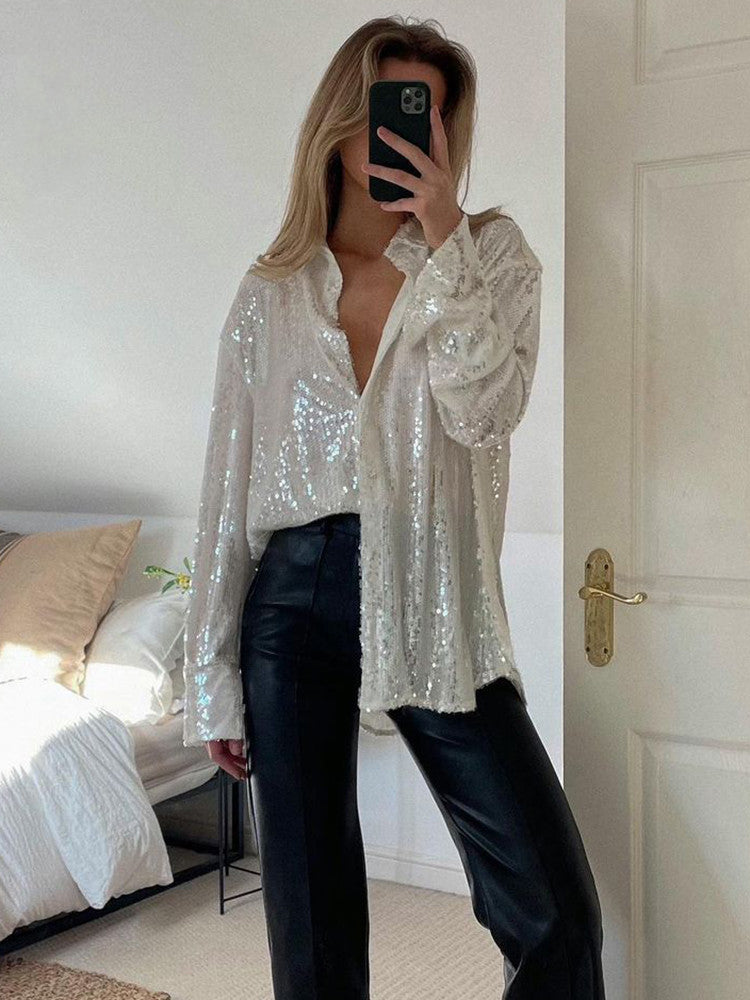Stylowa Bluzka Oversize z Cekinami | Błyszczący Top na Imprezy z Długim Rękawem