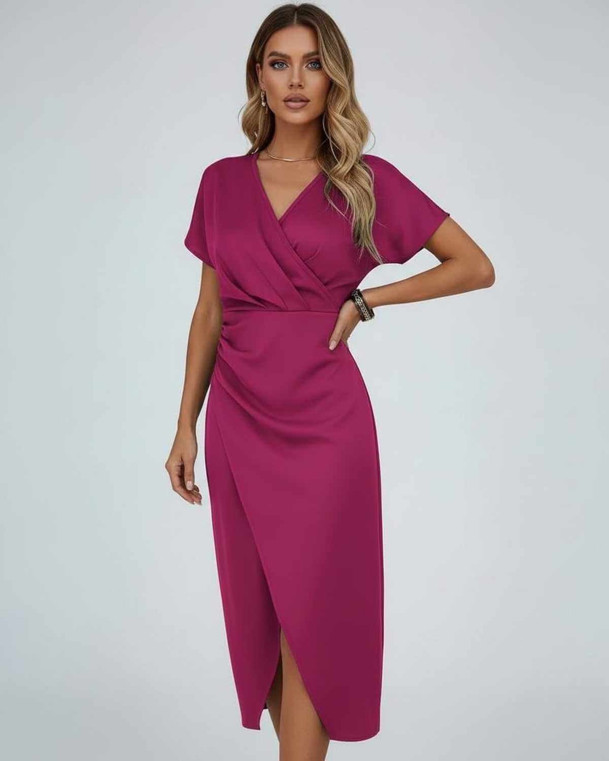 Stylowa Sukienka Damska Midi z Drapowaną Talią i Rozcięciem | Elegancka Sukienka na Wesele lub Letnie Przyjęcia