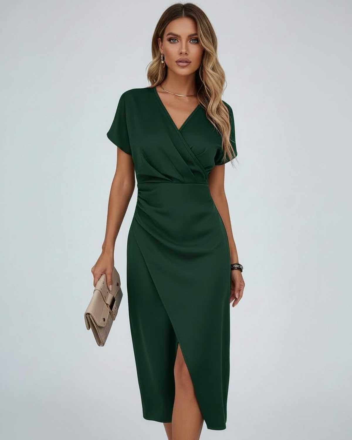 Stylowa Sukienka Damska Midi z Drapowaną Talią i Rozcięciem | Elegancka Sukienka na Wesele lub Letnie Przyjęcia