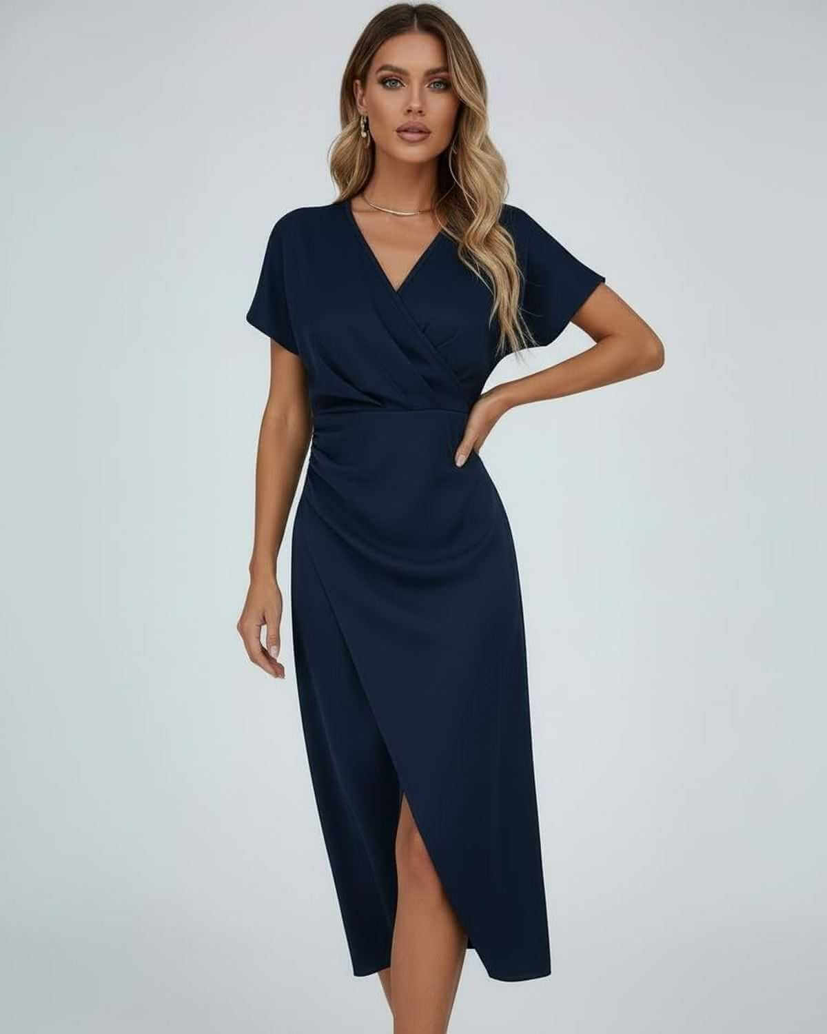 Stylowa Sukienka Damska Midi z Drapowaną Talią i Rozcięciem | Elegancka Sukienka na Wesele lub Letnie Przyjęcia