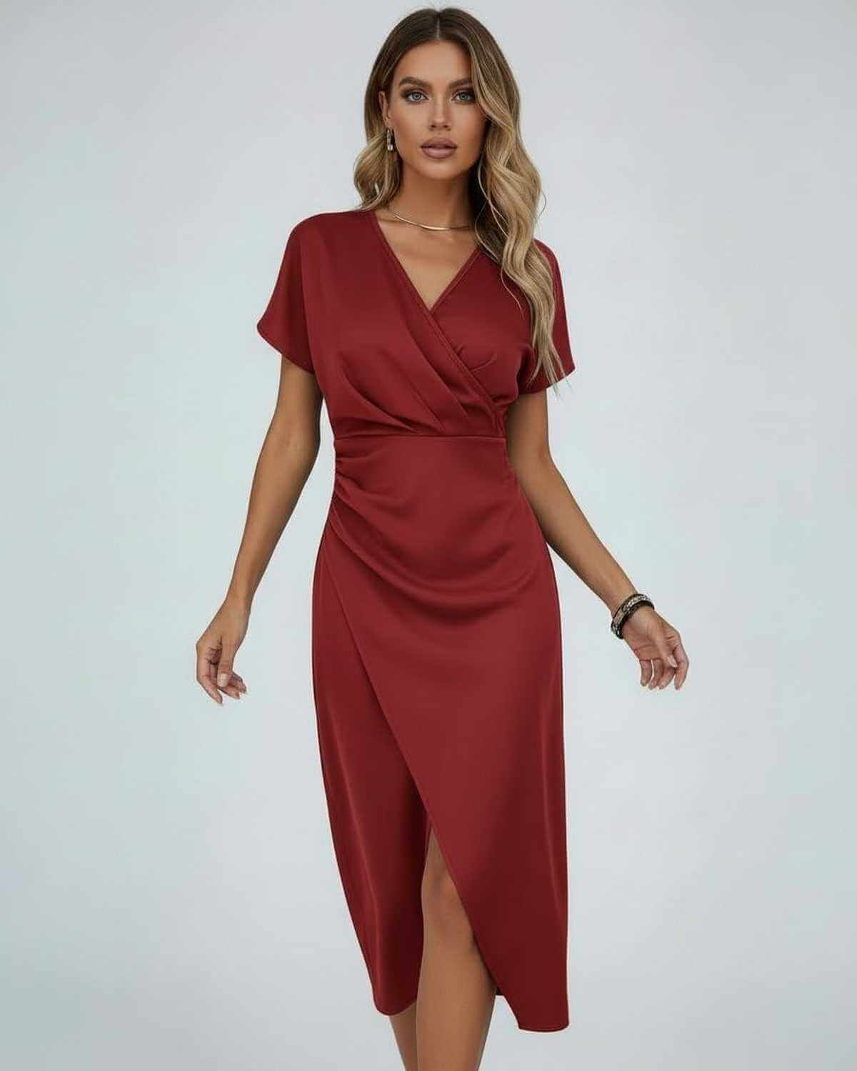 Stylowa Sukienka Damska Midi z Drapowaną Talią i Rozcięciem | Elegancka Sukienka na Wesele lub Letnie Przyjęcia