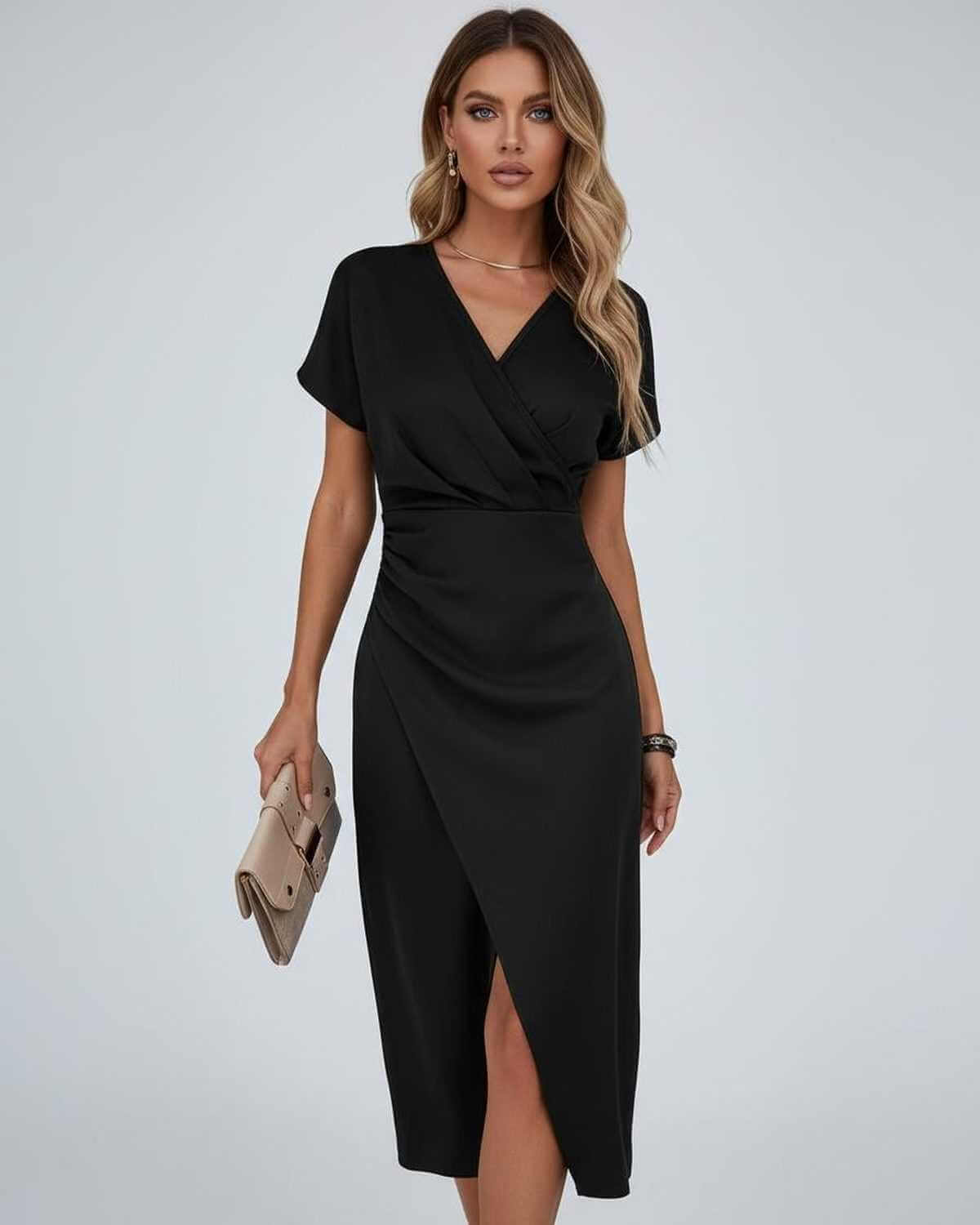 Stylowa Sukienka Damska Midi z Drapowaną Talią i Rozcięciem | Elegancka Sukienka na Wesele lub Letnie Przyjęcia