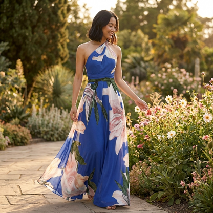 Stylowa Sukienka Maxi na Wesele z Asymetrycznym Dekoltem | Elegancki Look na Specjalne Okazje