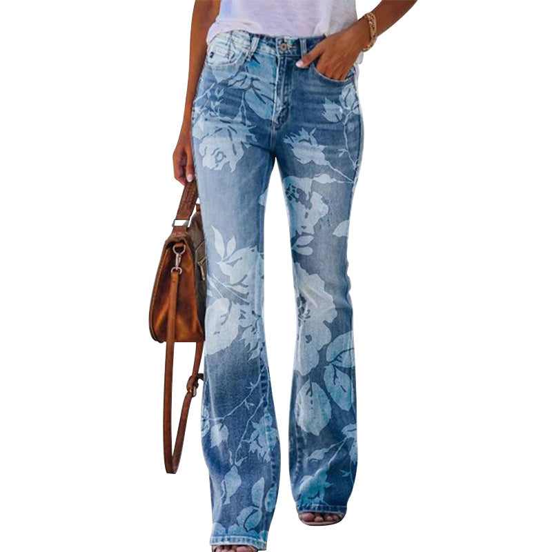 Stylowe Damskie Jeansy Z Wysokim Stanem Z Kwiatowym Wzorem | Rozkloszowany Fason Dla Eleganckiej Sylwetki