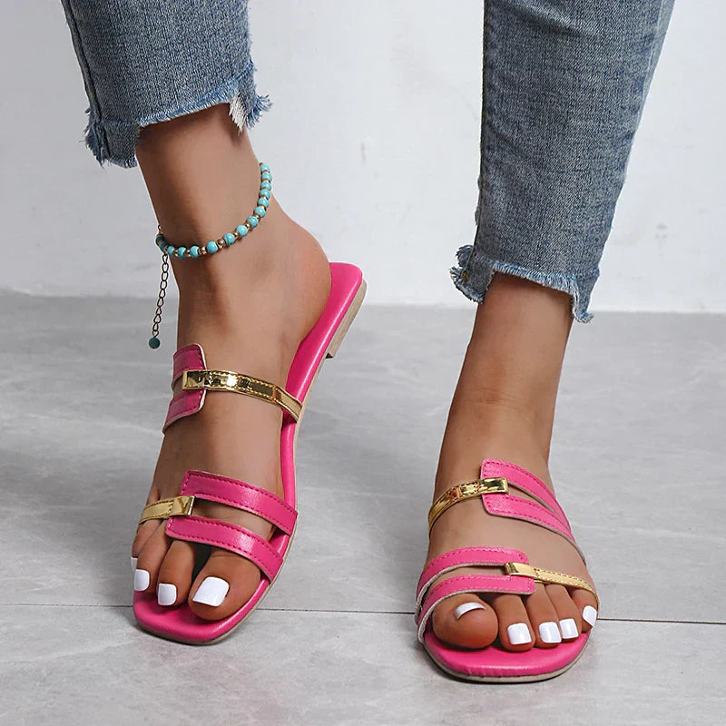Stylowe Sandały Damskie z Podwójnym Paskiem i Złotymi Akcentami | Komfortowe Klapki z Odkrytymi Palcami na Każdą Okazję