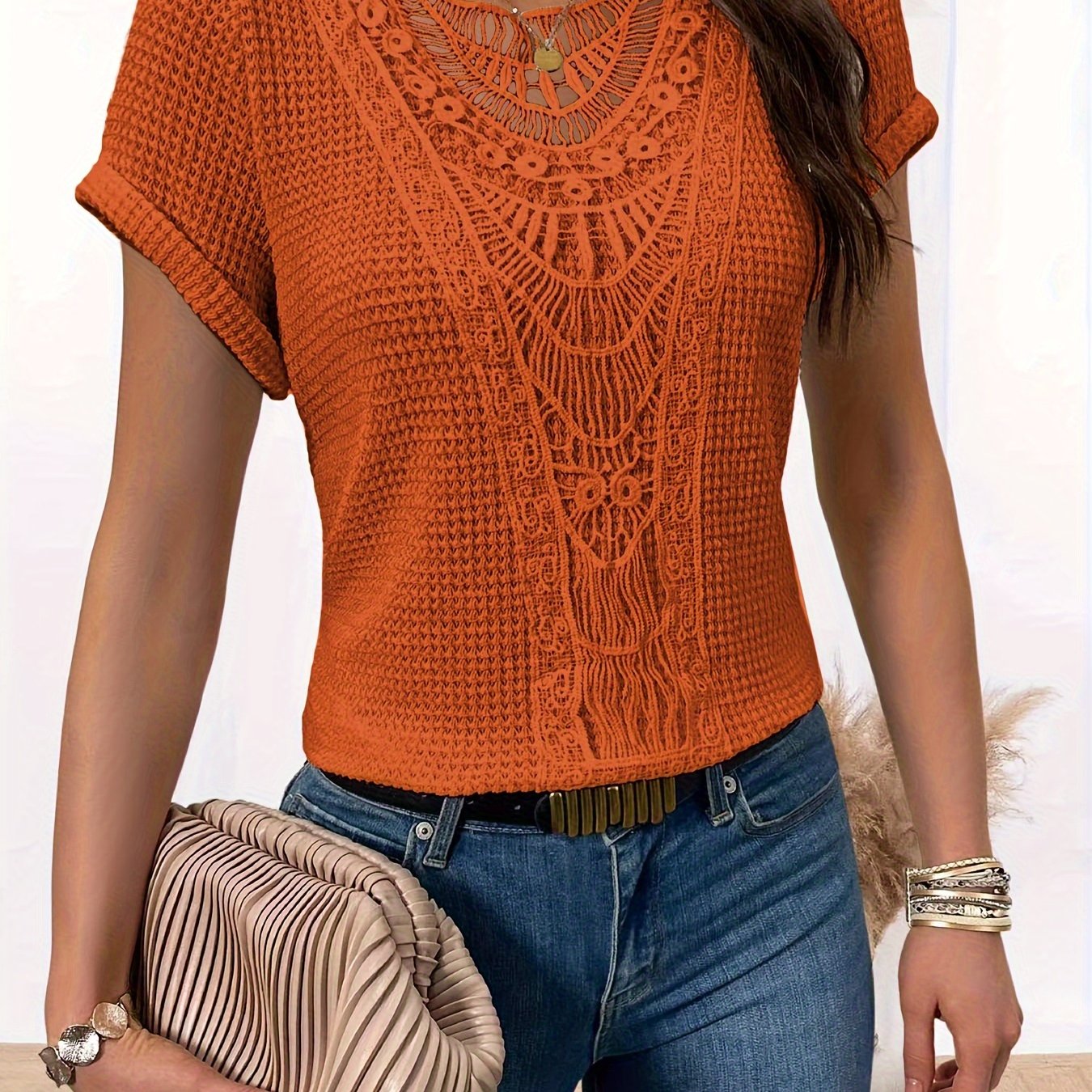 Stylowy T-Shirt Damski Bawełna z Koronkową Wstawką | Elegancki Top na Lato