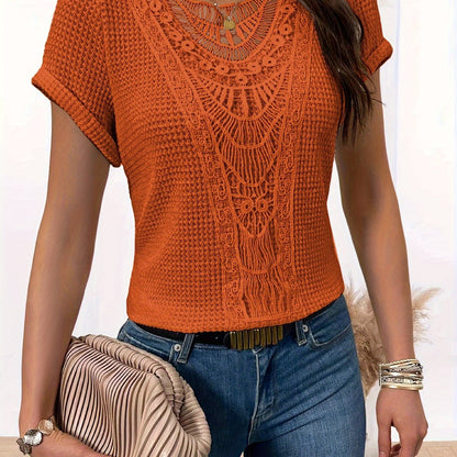 Stylowy T-Shirt Damski Bawełna z Koronkową Wstawką | Elegancki Top na Lato