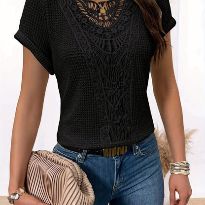 Stylowy T-Shirt Damski Bawełna z Koronkową Wstawką | Elegancki Top na Lato