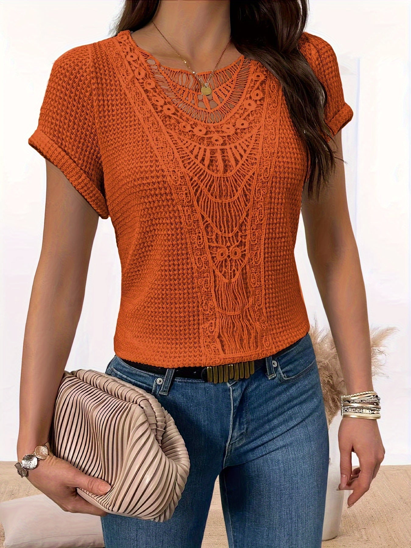 Stylowy T-Shirt Damski Bawełna z Koronkową Wstawką | Elegancki Top na Lato