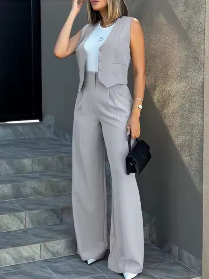 Stylowy Zestaw Damski | Spodnie z Szerokimi Nogawkami i Kamizelka bez Rękawów | Elegancki i Wygodny Strój na Każdą Okazję
