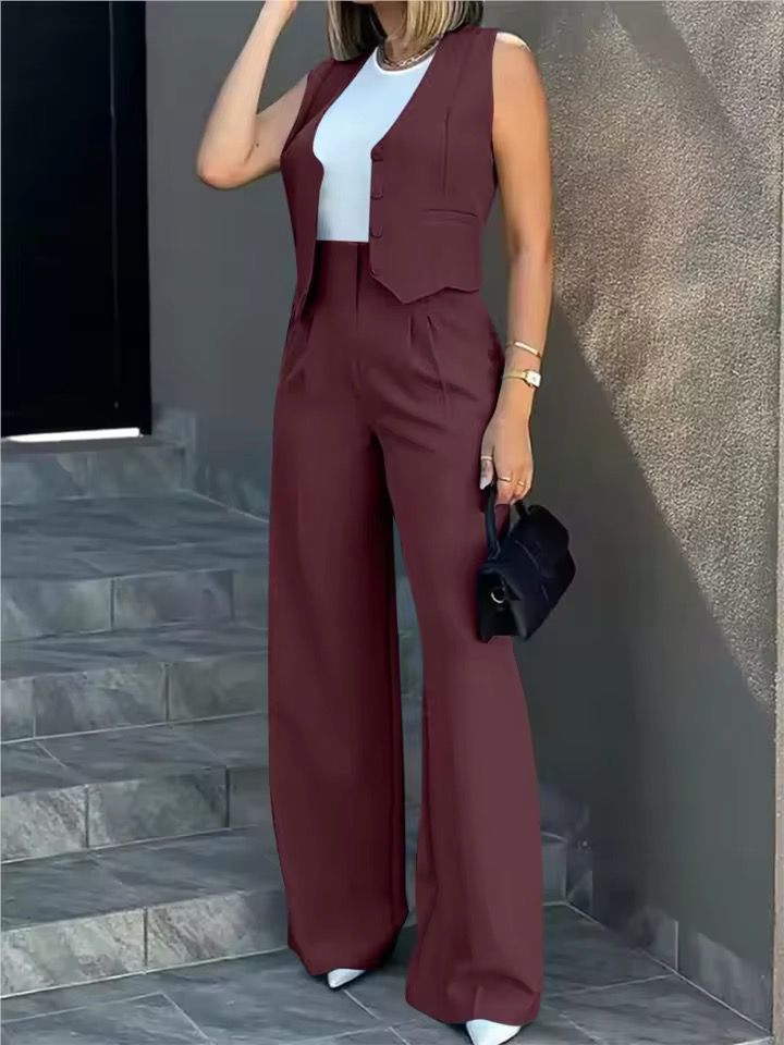 Stylowy Zestaw Damski | Spodnie z Szerokimi Nogawkami i Kamizelka bez Rękawów | Elegancki i Wygodny Strój na Każdą Okazję