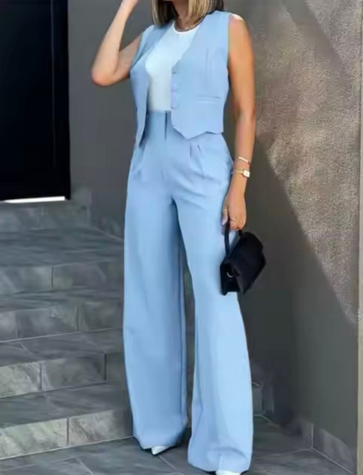 Stylowy Zestaw Damski | Spodnie z Szerokimi Nogawkami i Kamizelka bez Rękawów | Elegancki i Wygodny Strój na Każdą Okazję