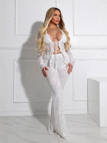 Stylowy Zestaw Damskich Spodni Koktajlowych z Koronką i Długim Rękawem | Elegancka Stylizacja na Wieczorne Wyjścia