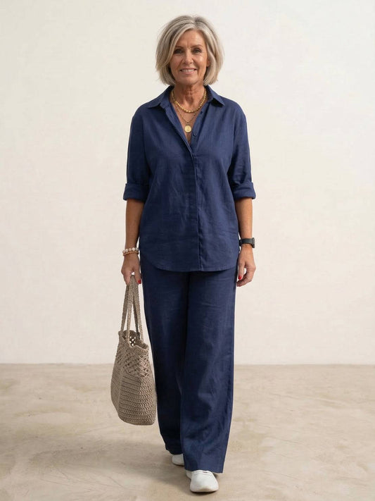 Stylowy Zestaw Dresowy Damski z Oversize Lniana Koszulą i Szerokimi Nogawkami | Komfort i Elegancja na Co Dzień