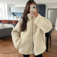 Kurtka Teddy Damska Oversize na Zamek ze Stójką