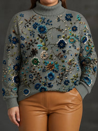 Sweter Golf Damski Oversize Haftowane Kwiaty Dzianinowy