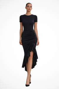 Zofia | Elegancka Asymetryczna Sukienka Maxi z Falbanami