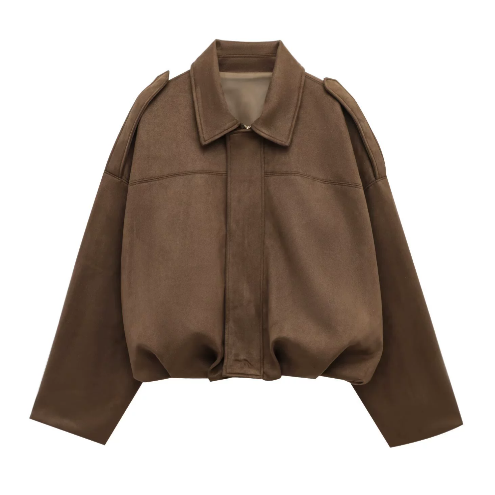 Zamszowa Kurtka Damska Oversize z Kołnierzem Bomberka