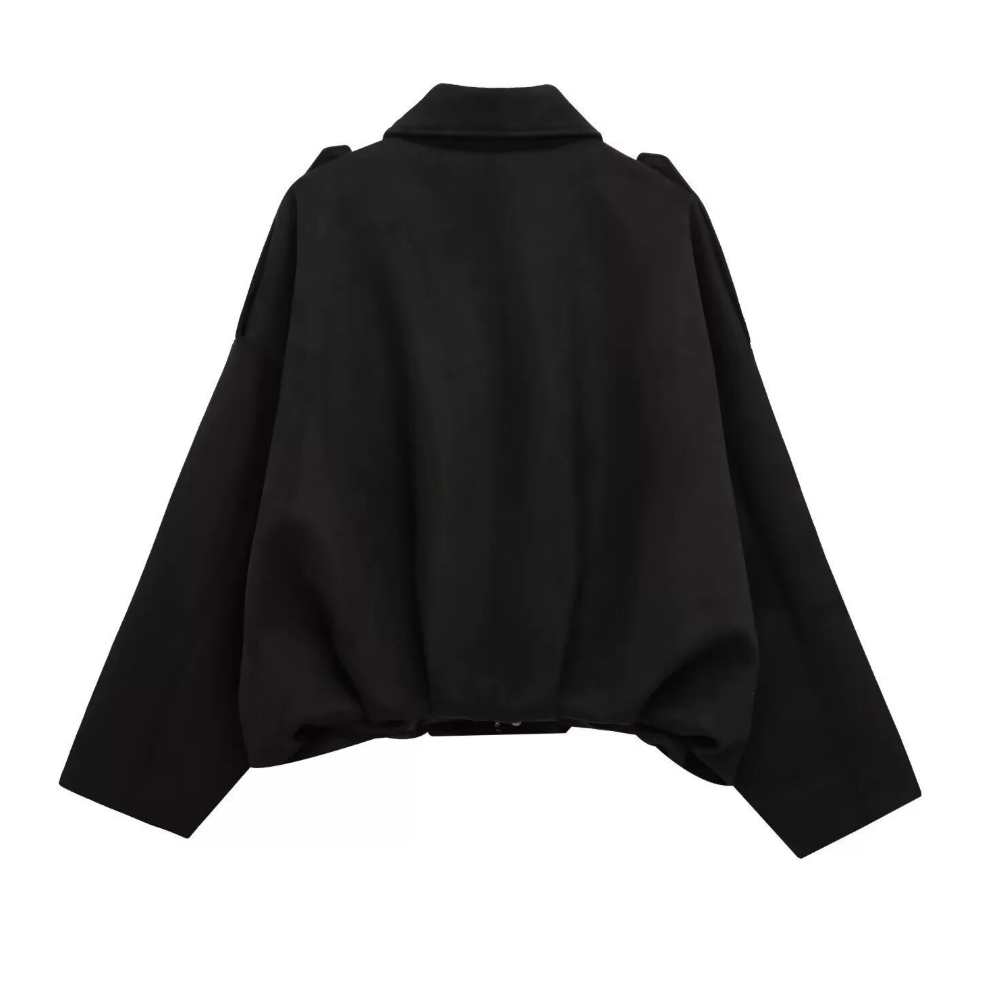 Zamszowa Kurtka Damska Oversize z Kołnierzem Bomberka