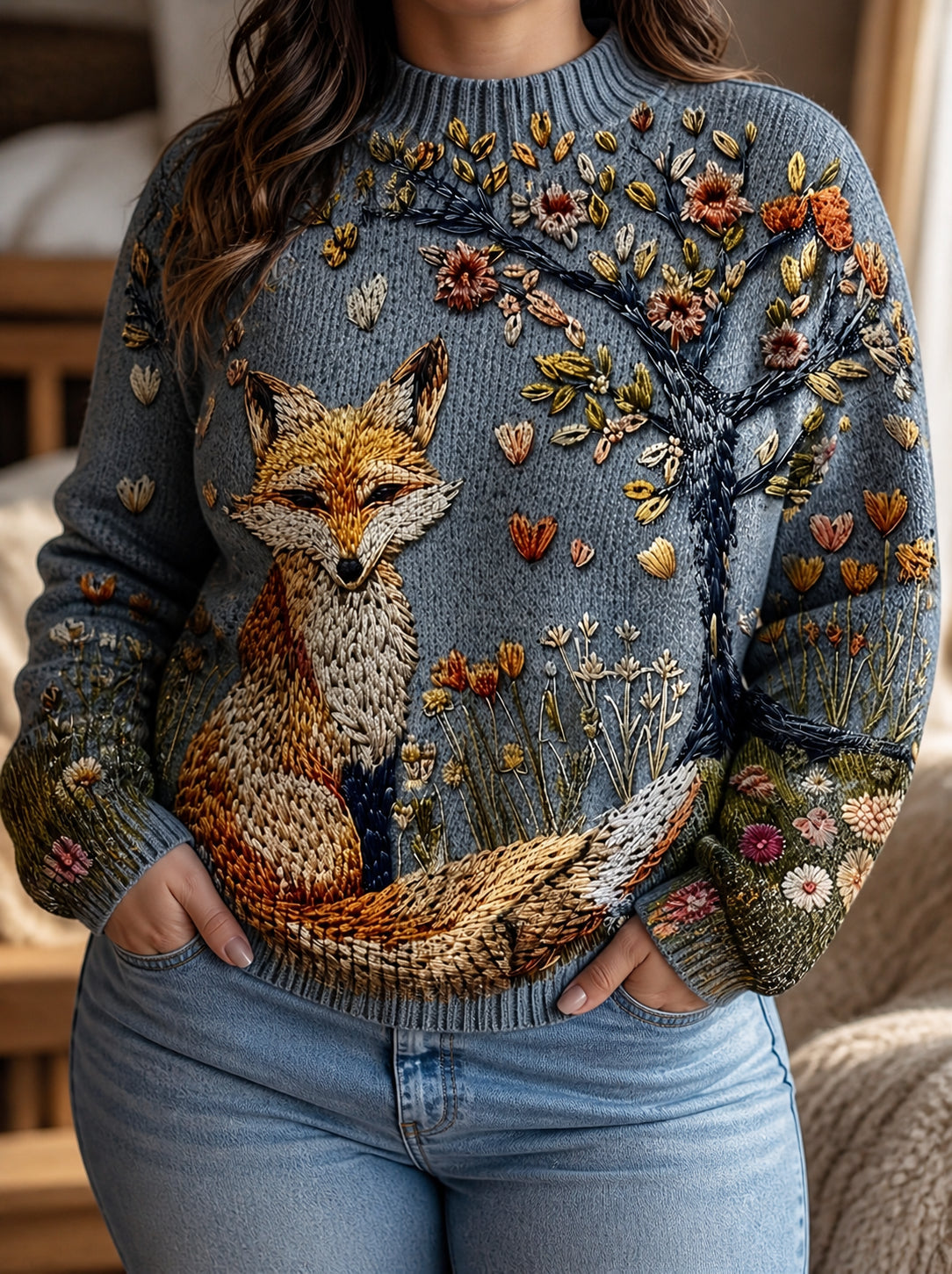 Sweter Golf Damski Haftowany Lis Bufiasty Rękaw