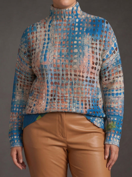 Sweter Golf Damski Oversize Dwukolorowy Wzór