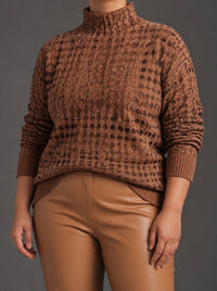 Sweter Golf Damski Oversize w Kratkę Dzianinowy