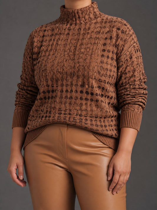 Sweter Golf Damski Oversize w Kratkę Dzianinowy