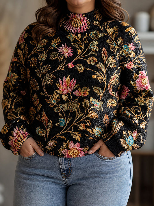 Sweter Golf Damski z Bufiastym Rękawem Haftowany