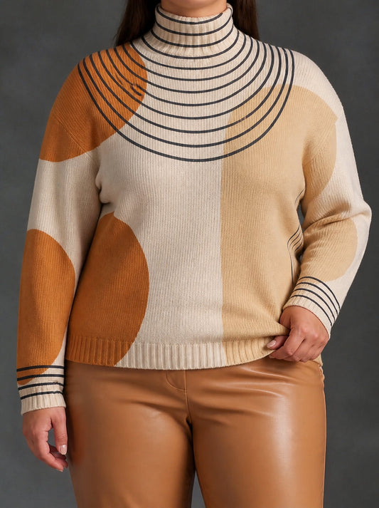 Sweter Golf Damski Oversize Kremowy Colorblock
