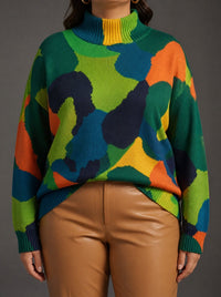 Sweter Golf Damski Oversize Kolorowy Wzór Abstrakcyjny