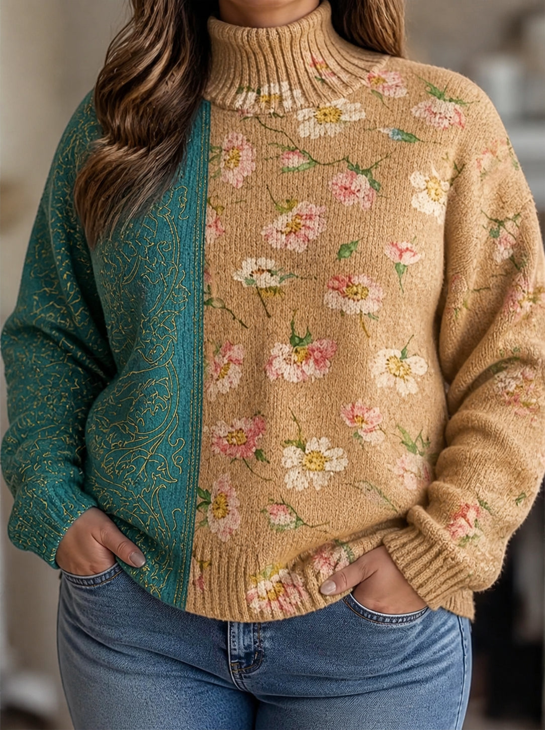 Sweter Golf Damski Haftowane Kwiaty Bufiasty Rękaw