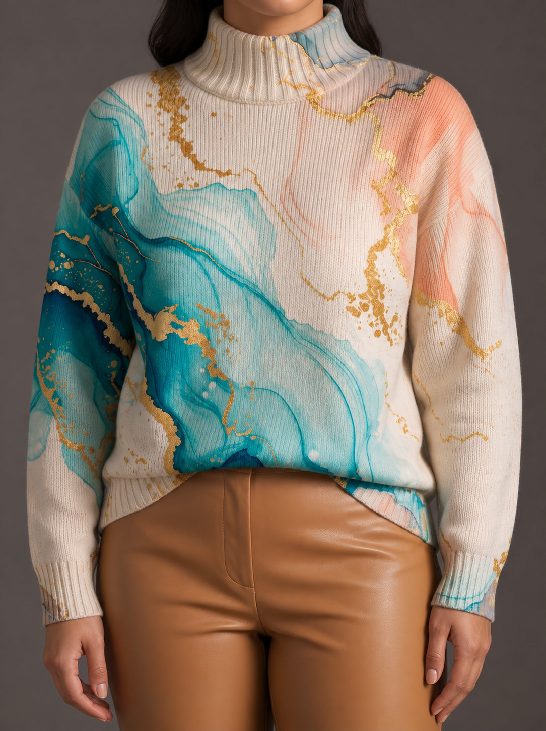 Sweter Golf Damski Oversize Wzór Marmurkowy